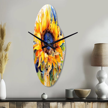 Yellow Blue Golden Cheerful Sunflowers - Asymmetric Metal Wall Clock